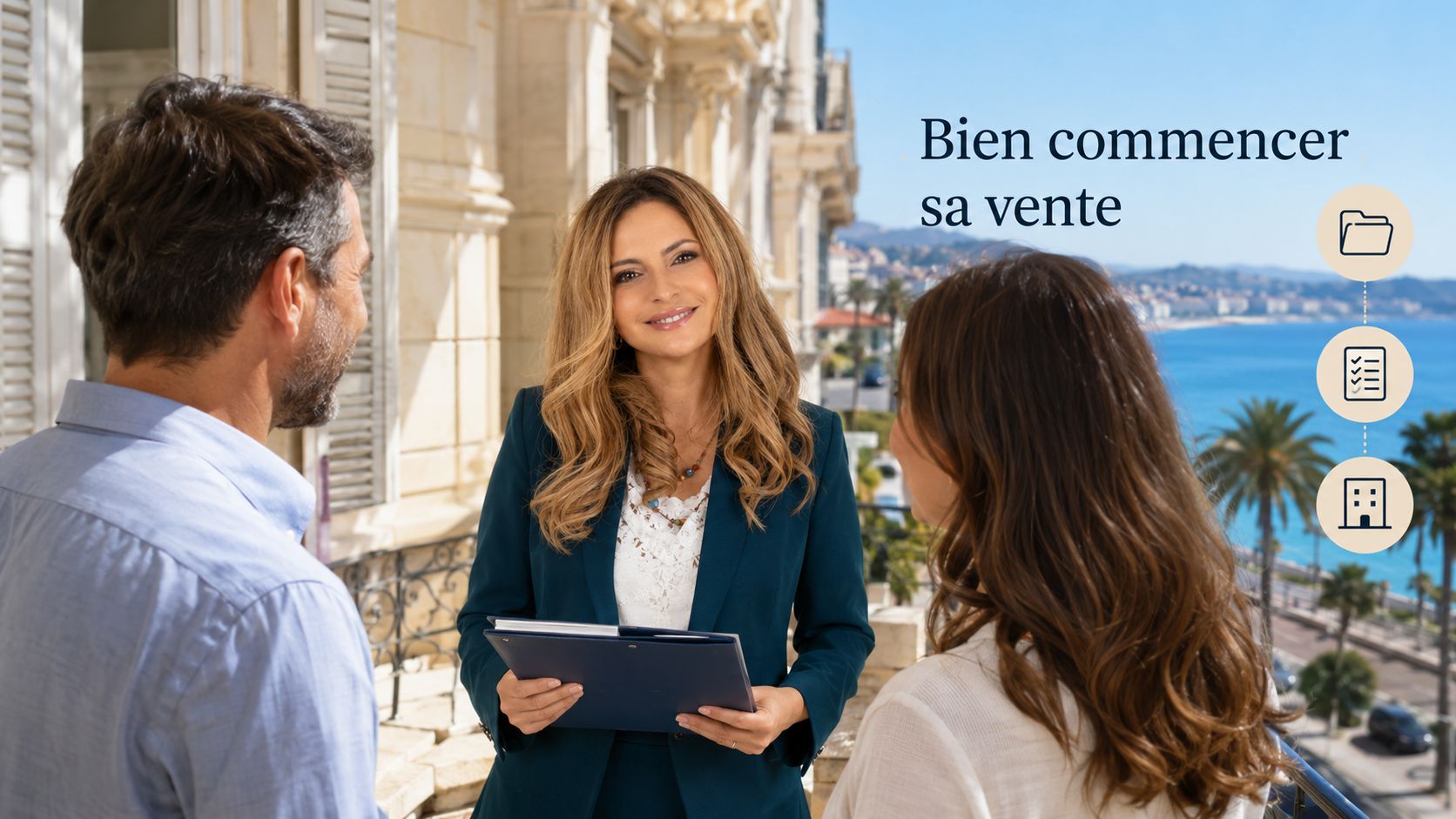 Bien commencer sa vente : échange avec des propriétaires devant un immeuble du quartier Riquier à Nice